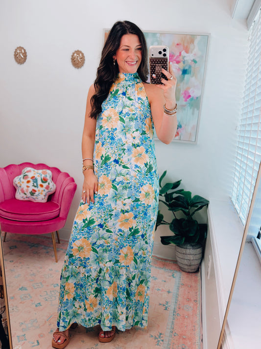 Blue Floral Mix Halter Maxi Dress