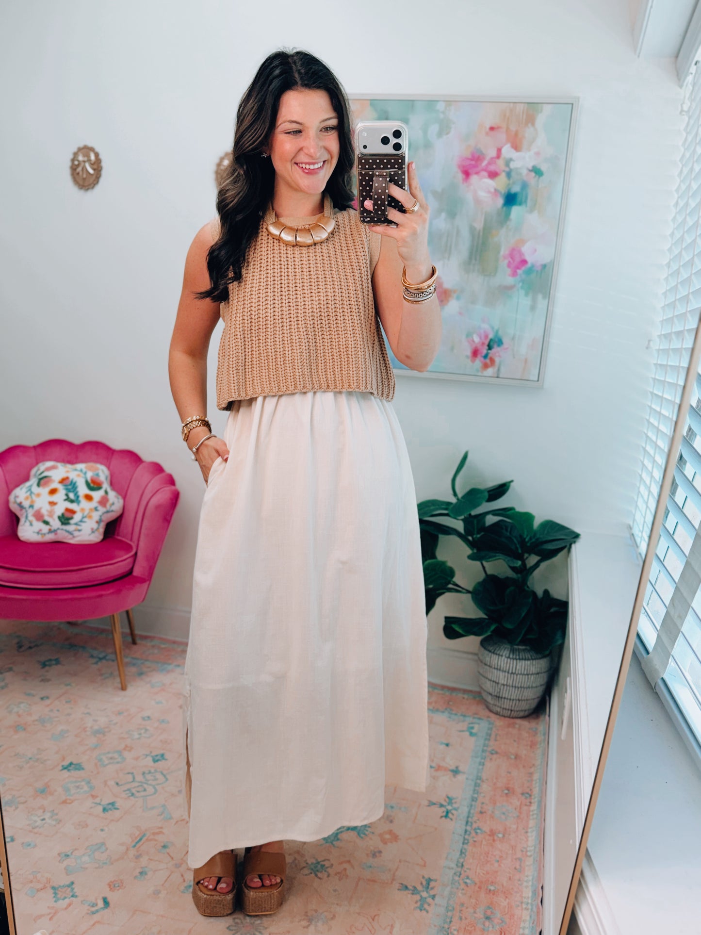 Mix Media Chunky Knit Mocha Midi Dress