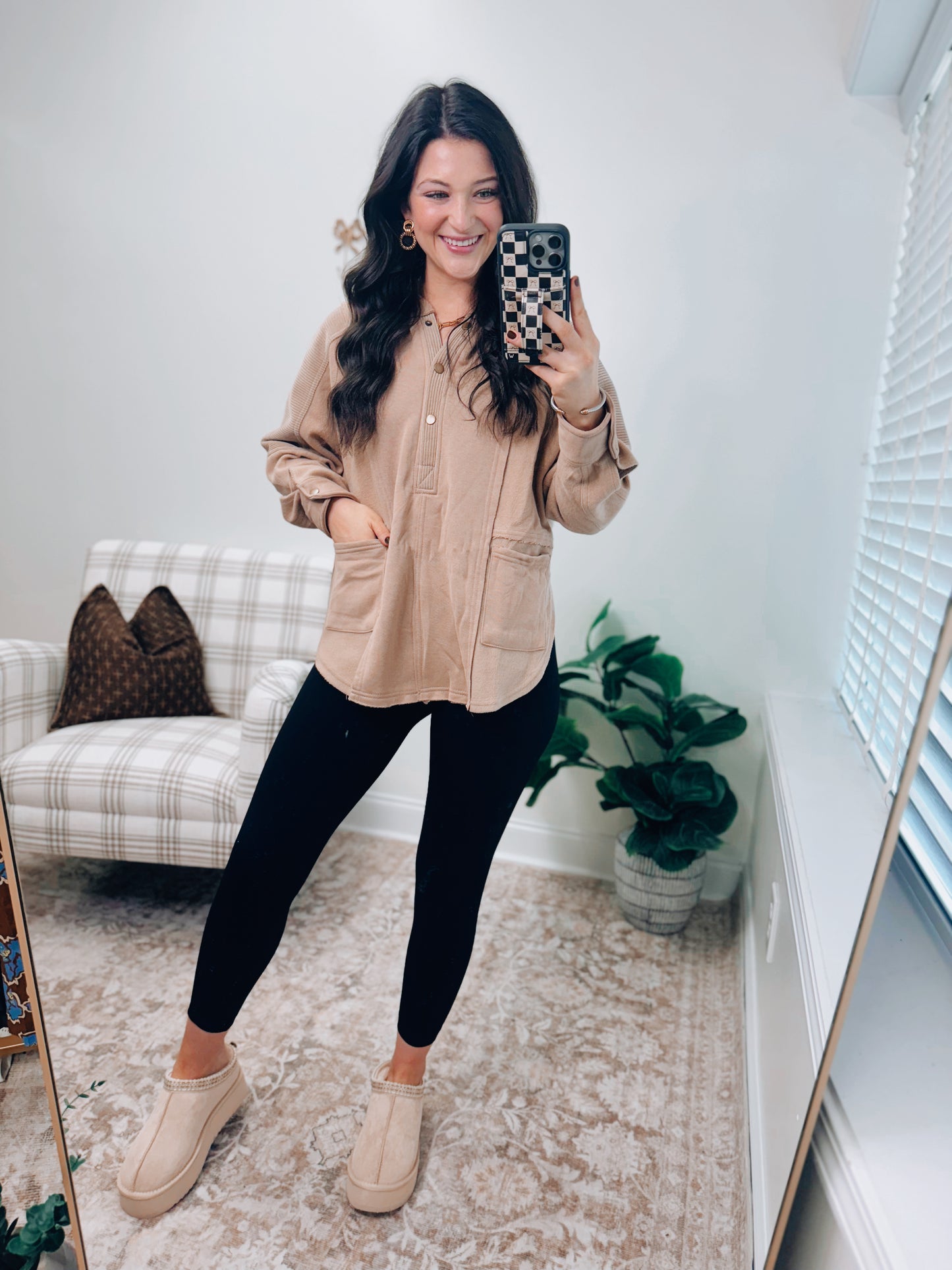 Exposed Front Pocket Hoodie Top - Taupe