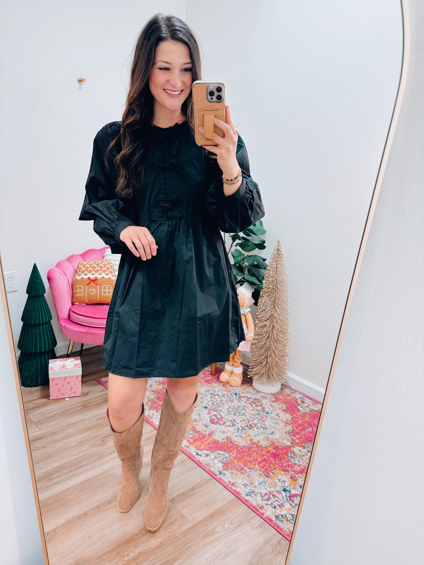 Black Bow Puff Sleeve Mini Dress