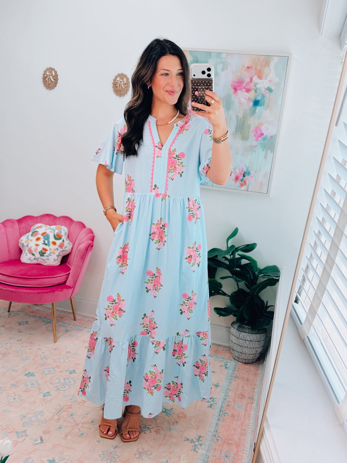 Callie Sky Blue Scallop Floral Maxi Dress