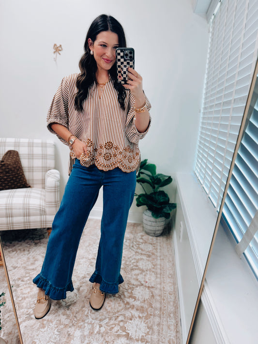 CURVY Lennon Striped Eyelet Dolman Top - Camel