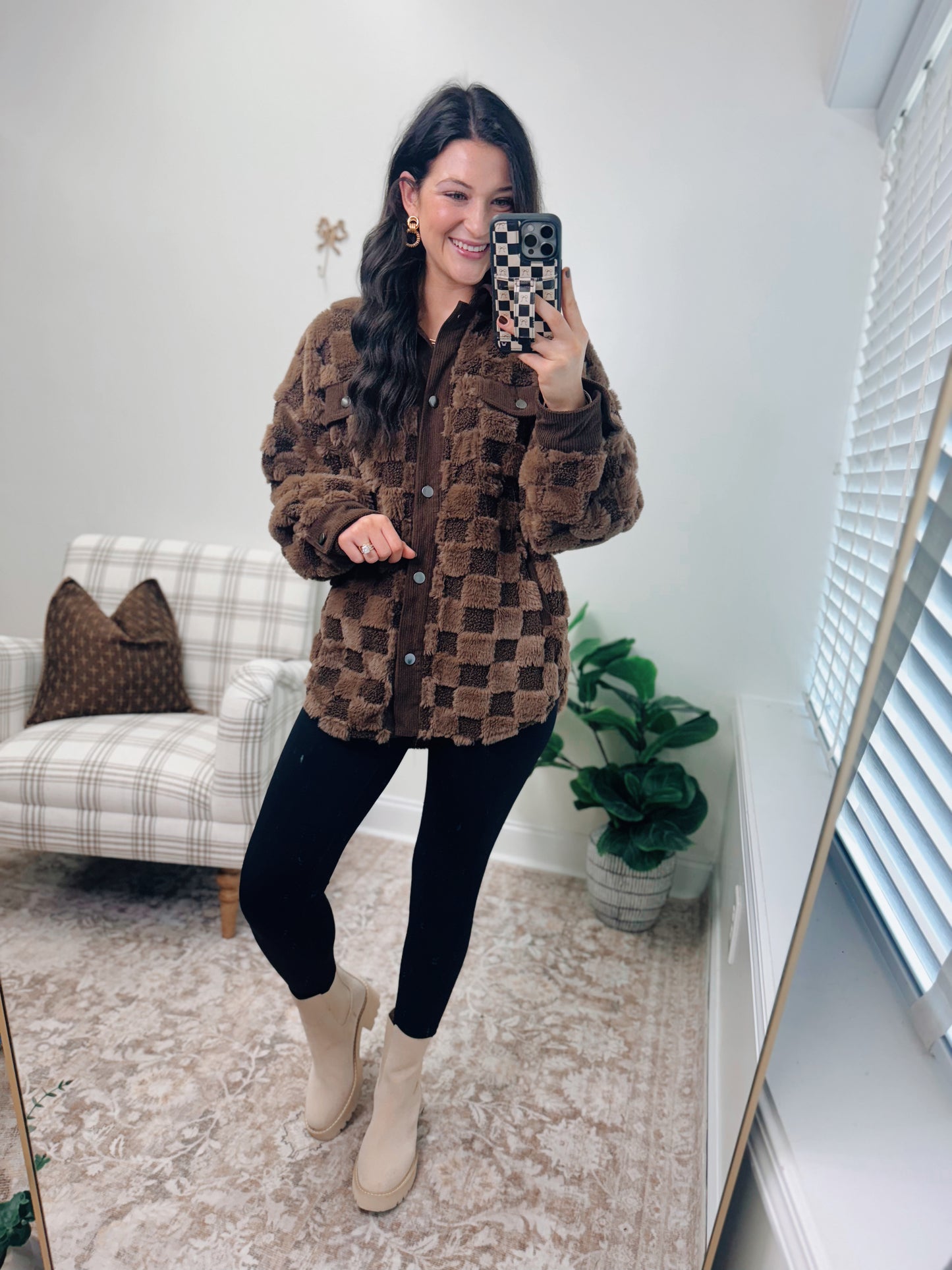Chocolate Checkered Shearling Shacket