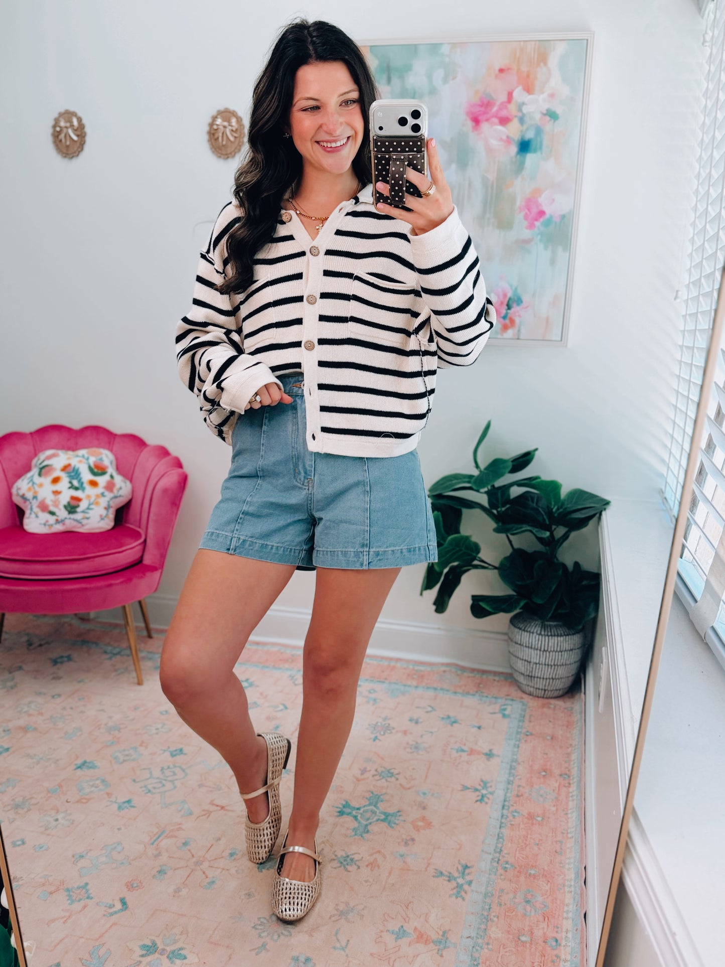 Wood Button Knit Striped Cardigan Top