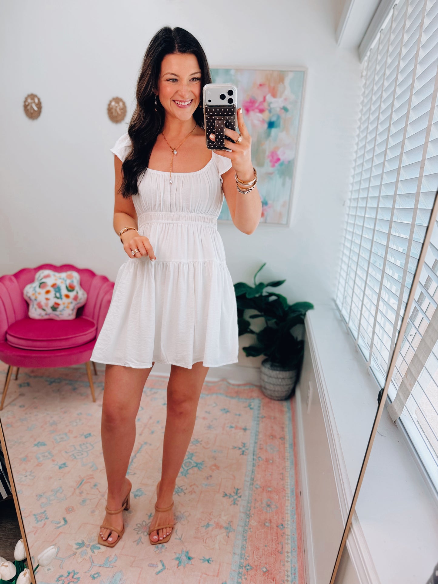 Shirred Flounce White Mini Dress