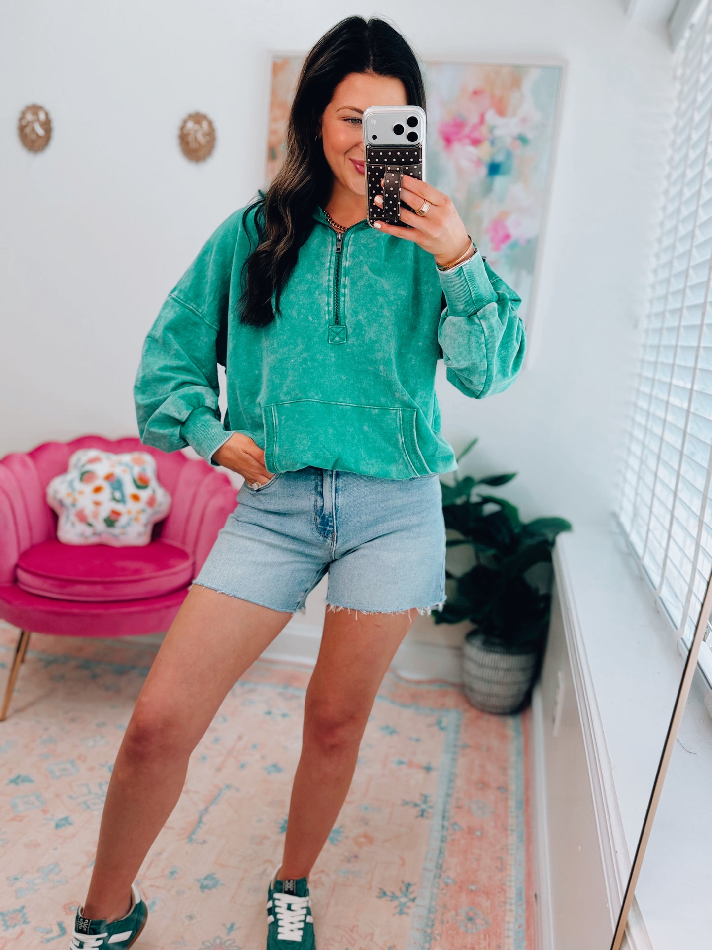 Mineral Wash Kelly Green Zip Hoodie Top