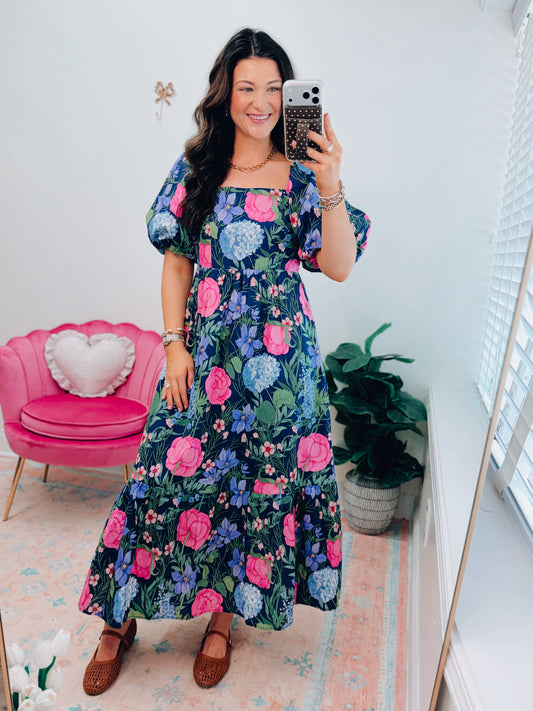 Midnight Hydrangea Midi Dress