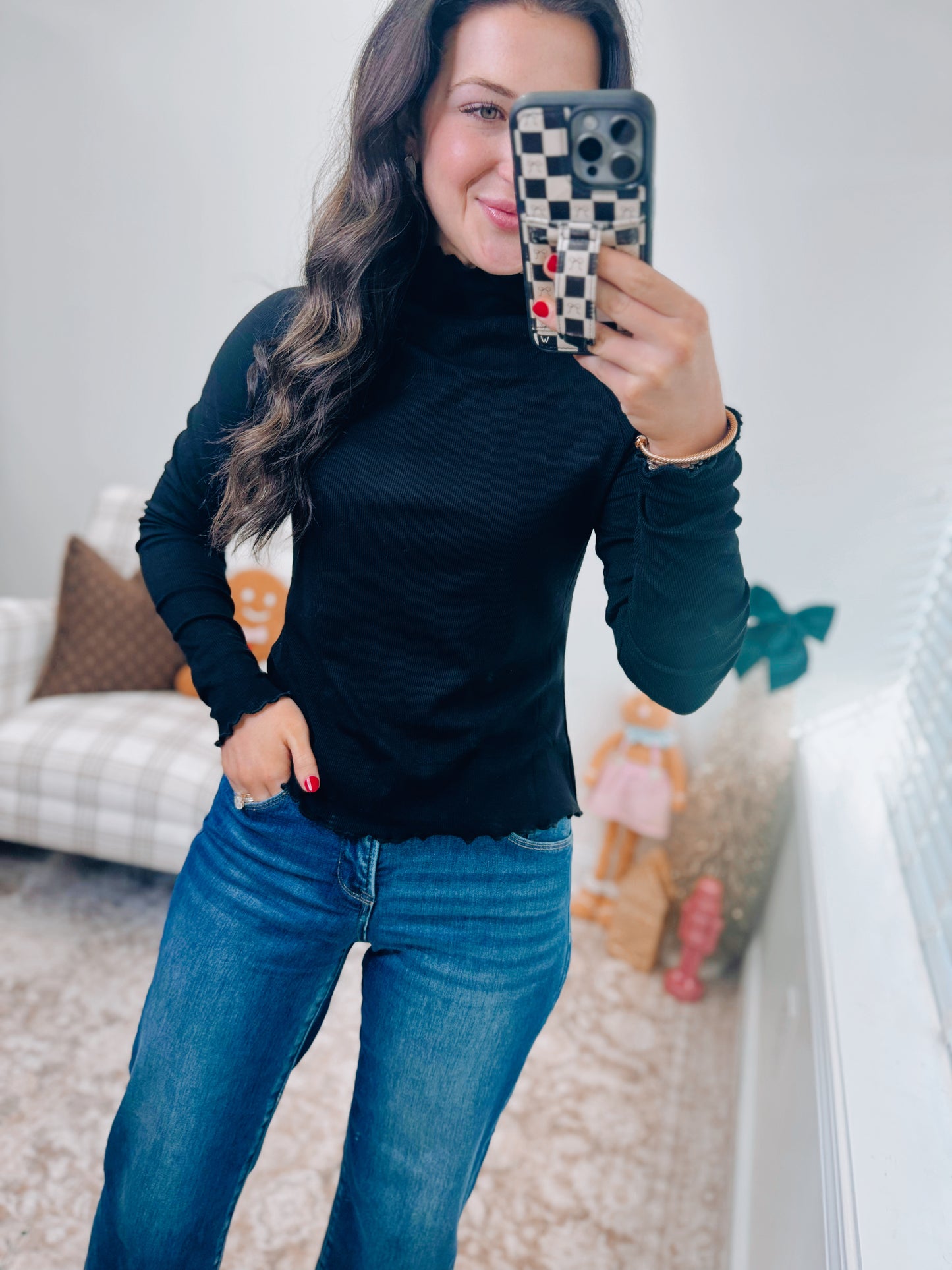 Milton Ruffle Mock Neck Layer Top - Black