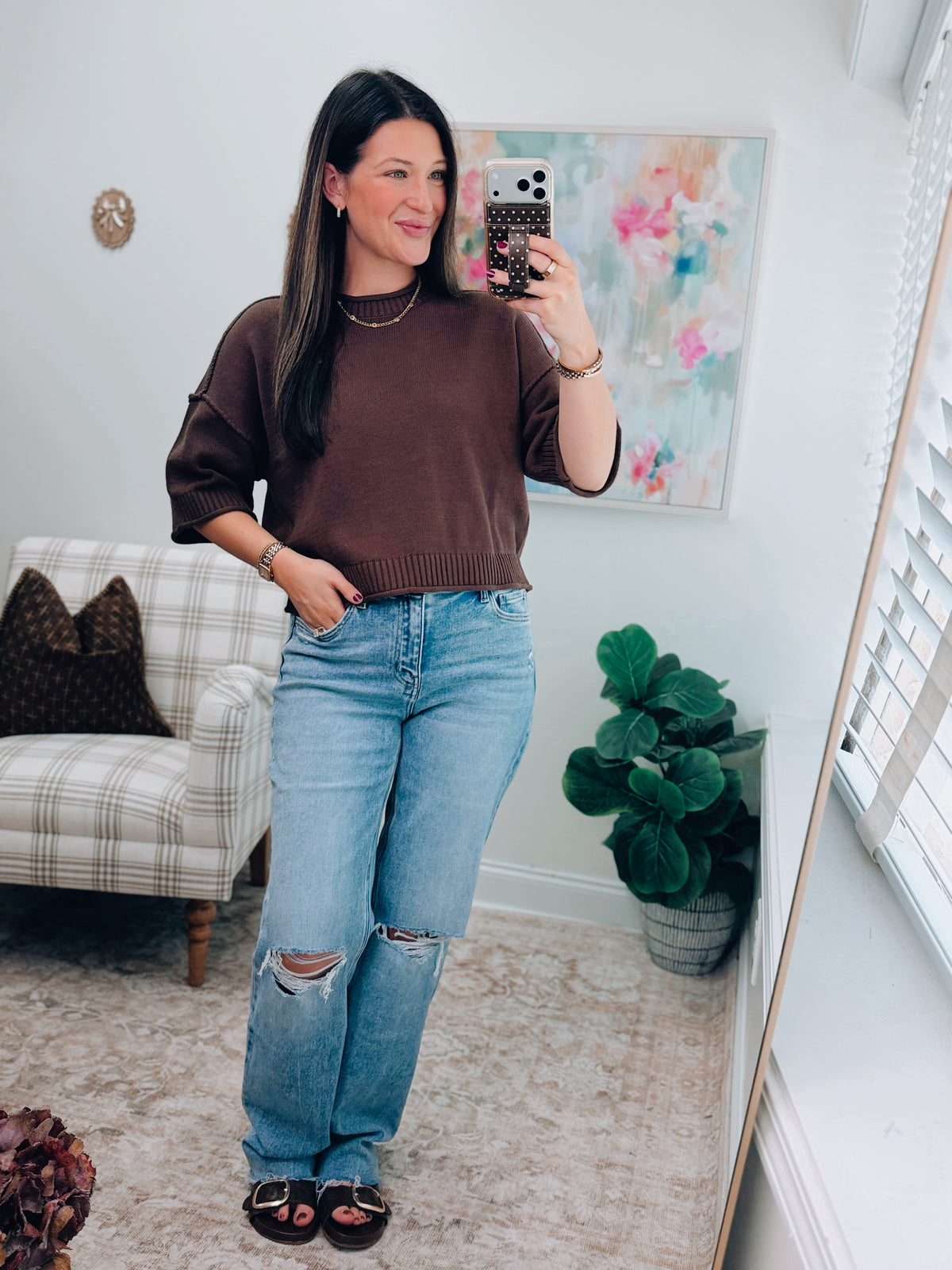 Chocolate Knit Raw Hem Sweater Top