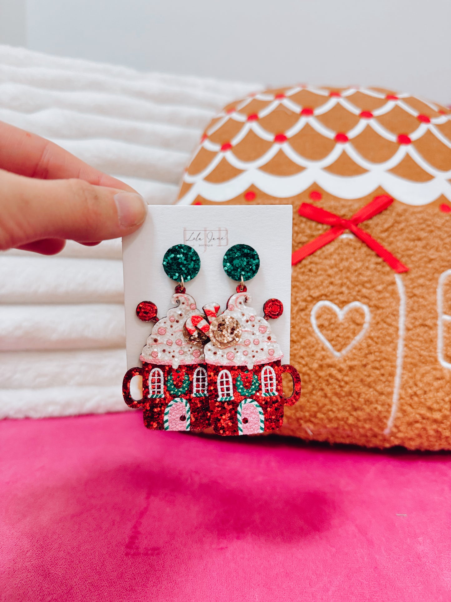 Gingerbread House Hot Coco Glitter Earrings