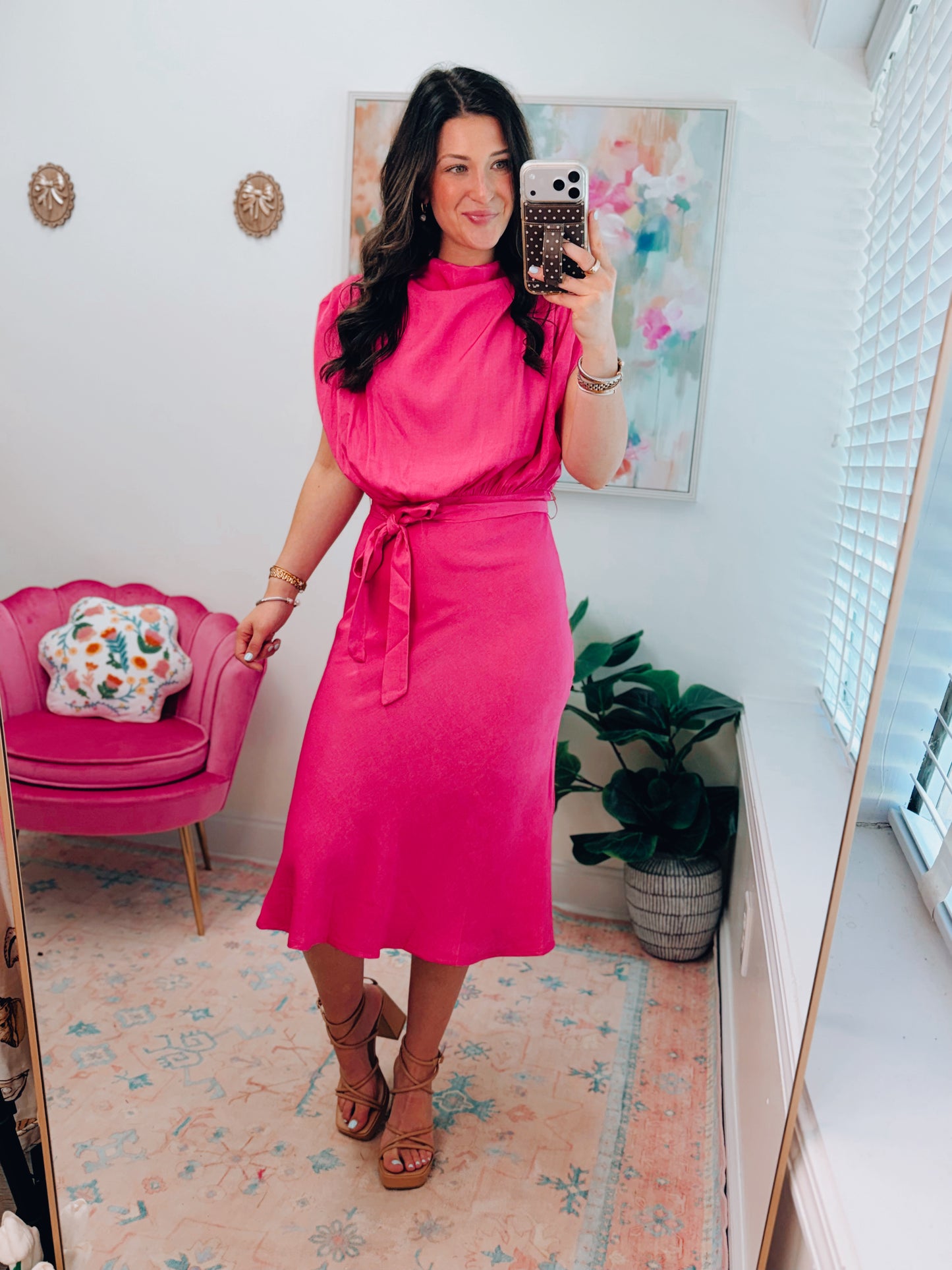 Magenta Satin Cowl Neck Midi Dress