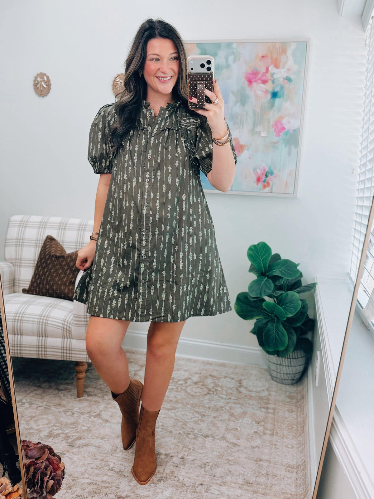 Sage Pleated Olive Mix Mini Dress