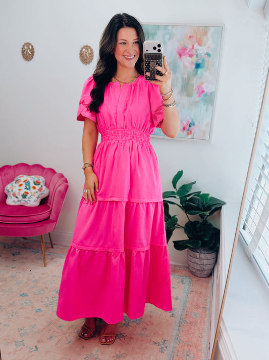 Soleil Hot Pink Smocked Tiered Midi Dress