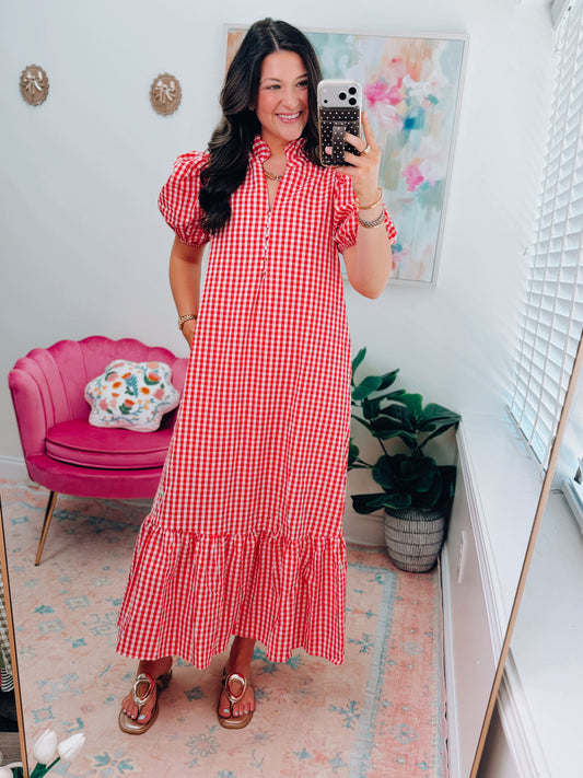Red Gingham Midi Dress