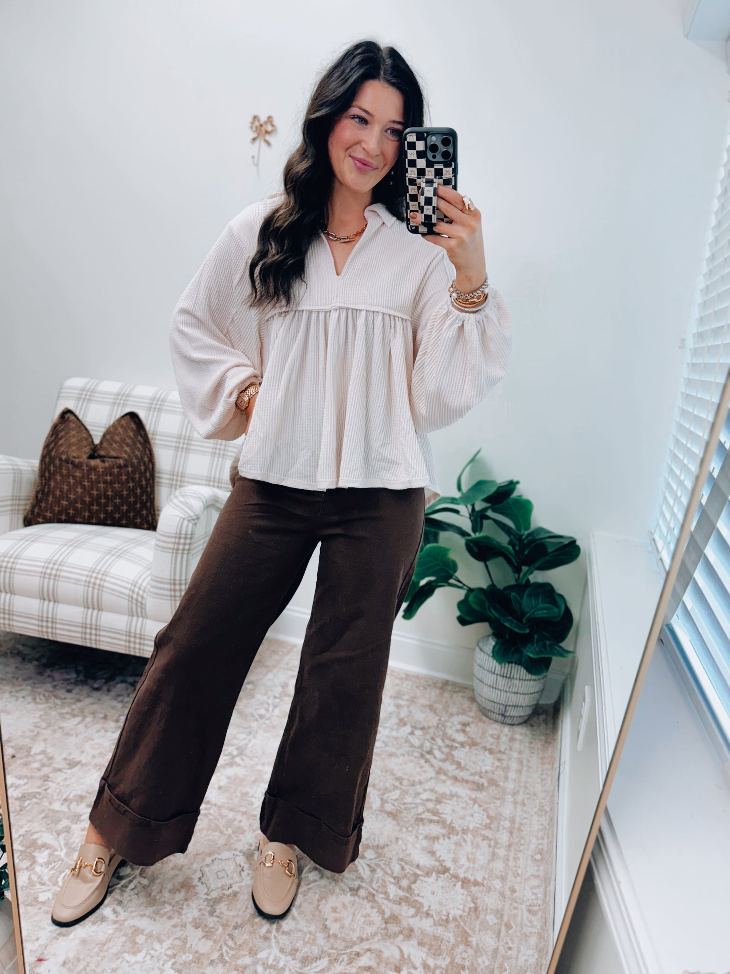 Cream Ribbed Collared Split Neck Top