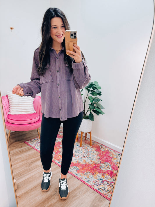 Give Me Fall Waffle Knit Shacket - Plum