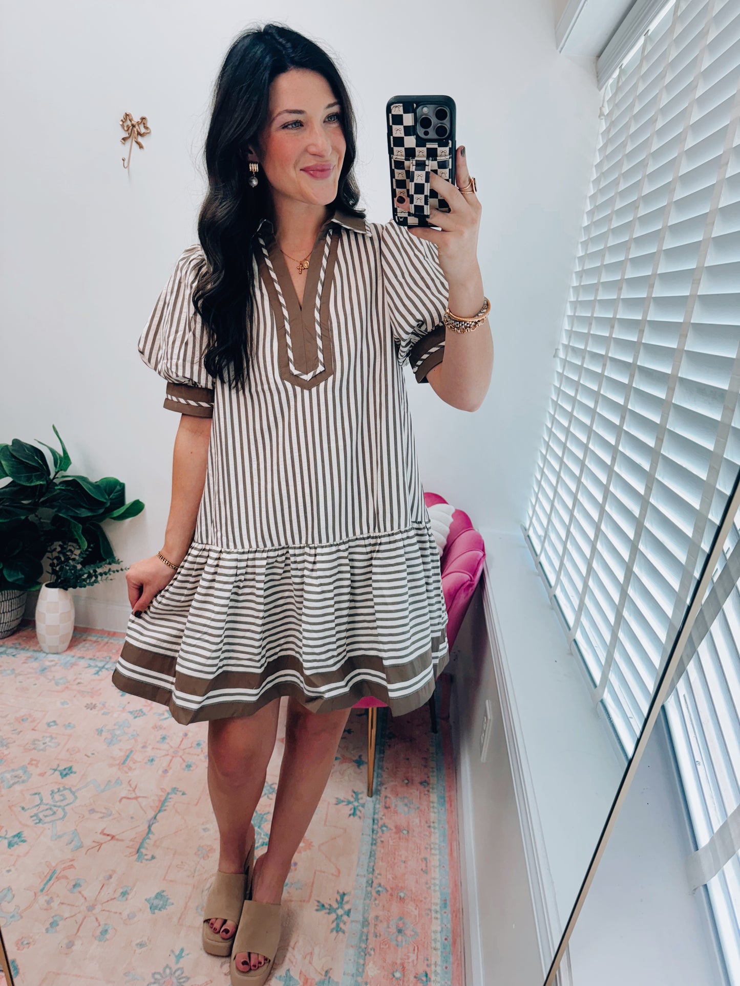 Mocha Mousse Striped Mini Dress