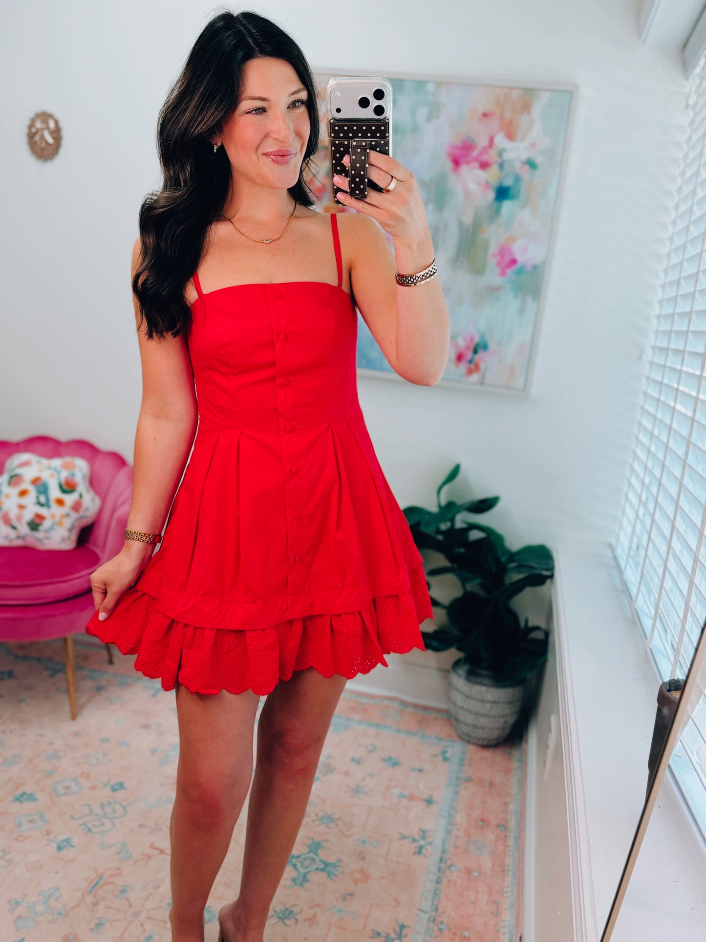 Poplin Pleated Eyelet Mini Dress - Red