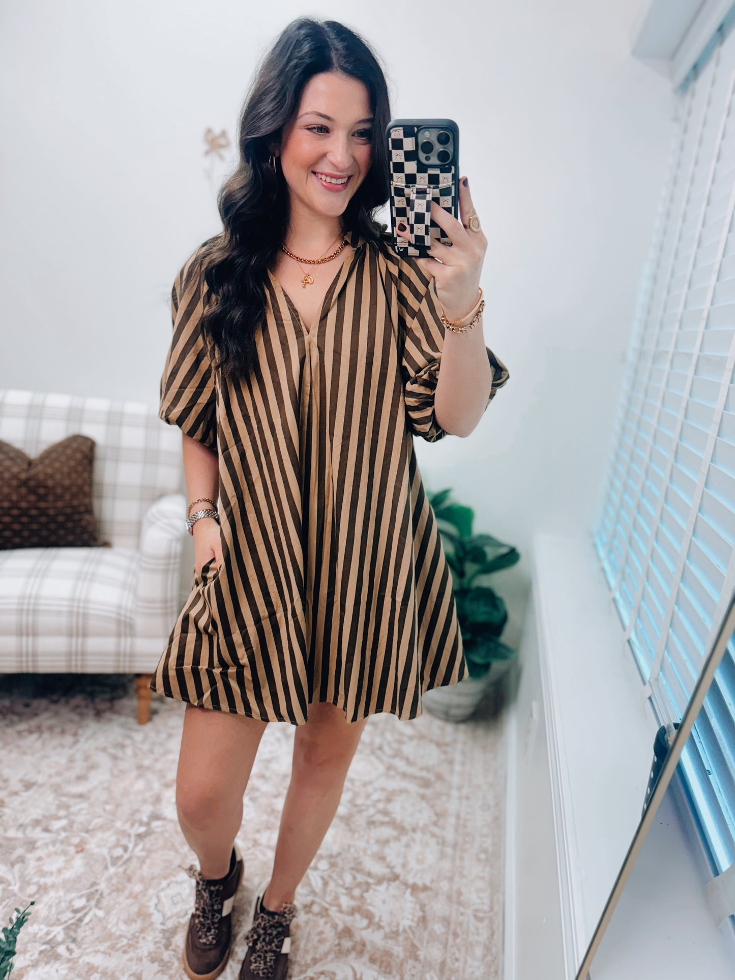 Ellery Striped Puff Sleeve Mini Dress - Olive