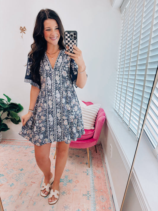 Shirring Printed Woven Mini Dress - Navy
