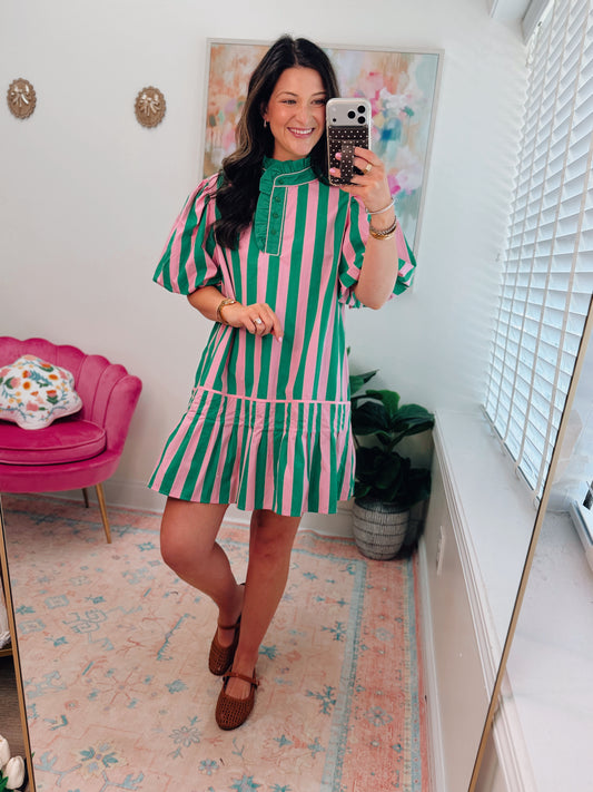 Striped Poplin Pleated Mini Dress