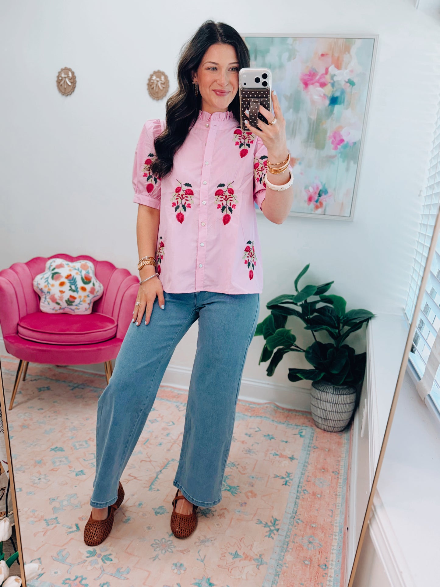 CURVY Palma Embroidered Button Top