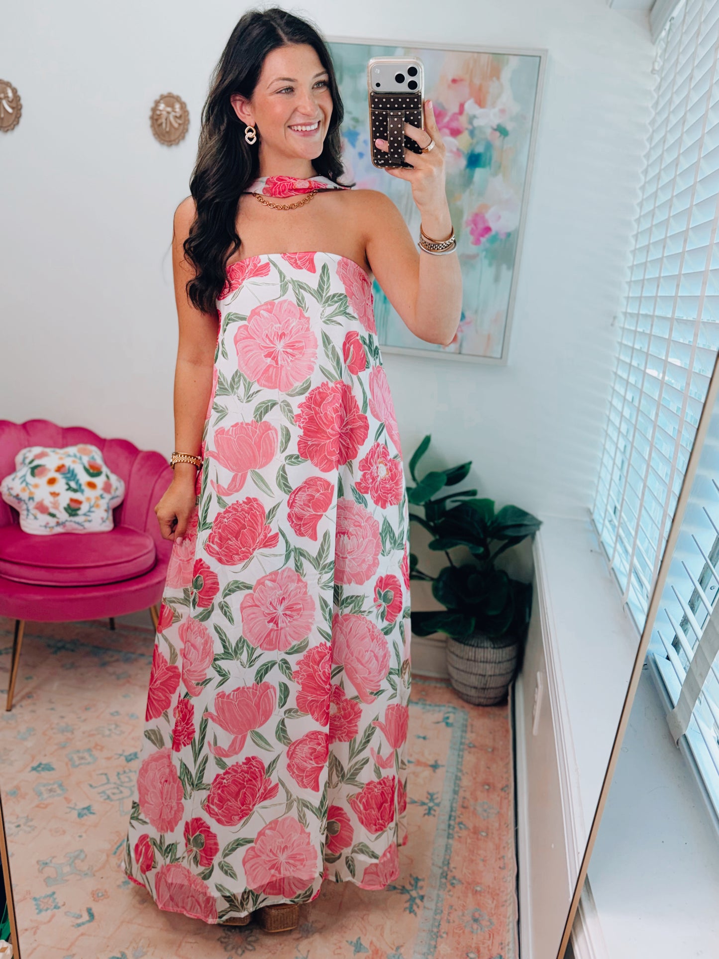 Strapless Pink Floral Maxi Scarf Dress