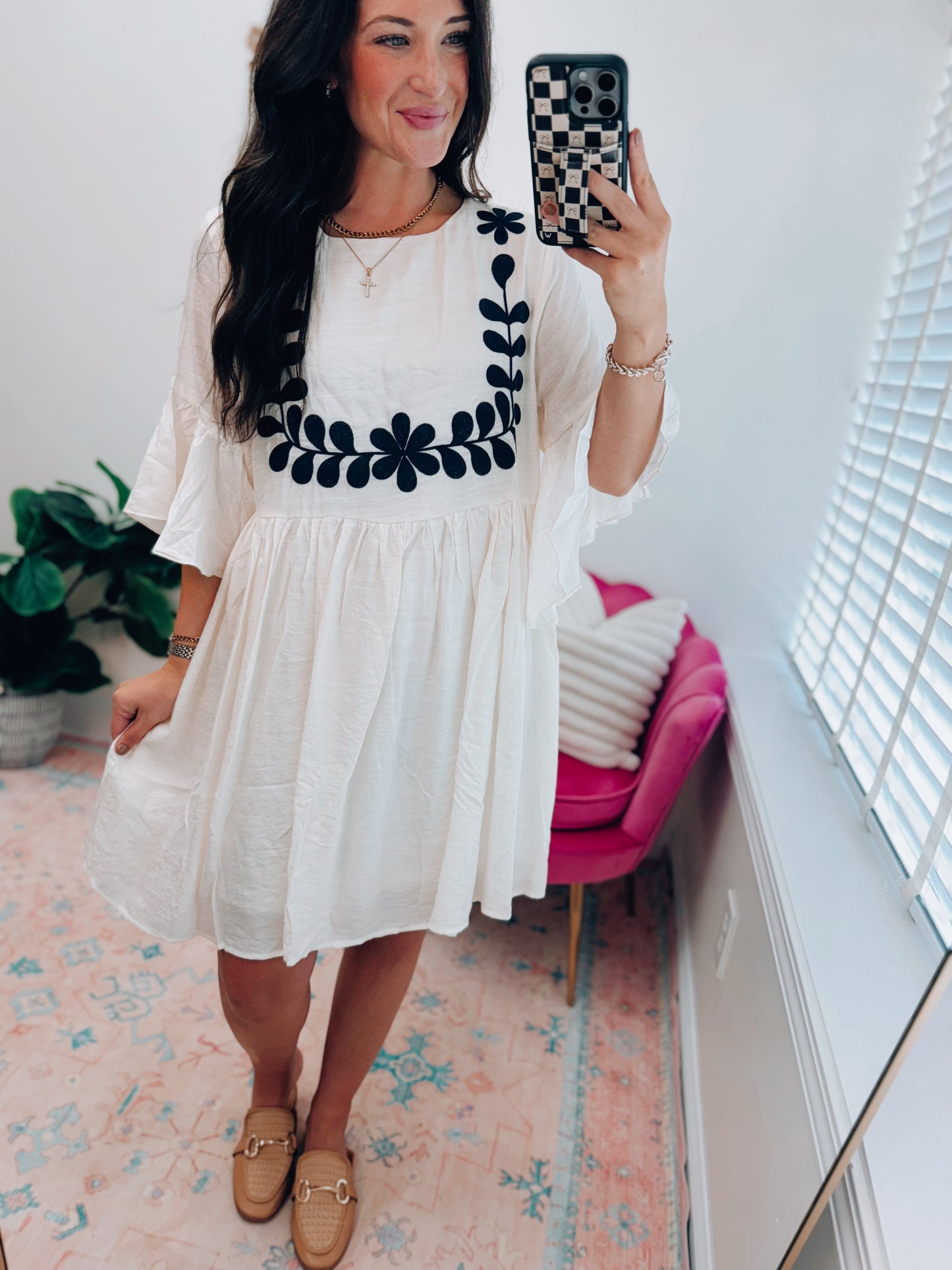 Navy Embroidered Flutter Mini Dress