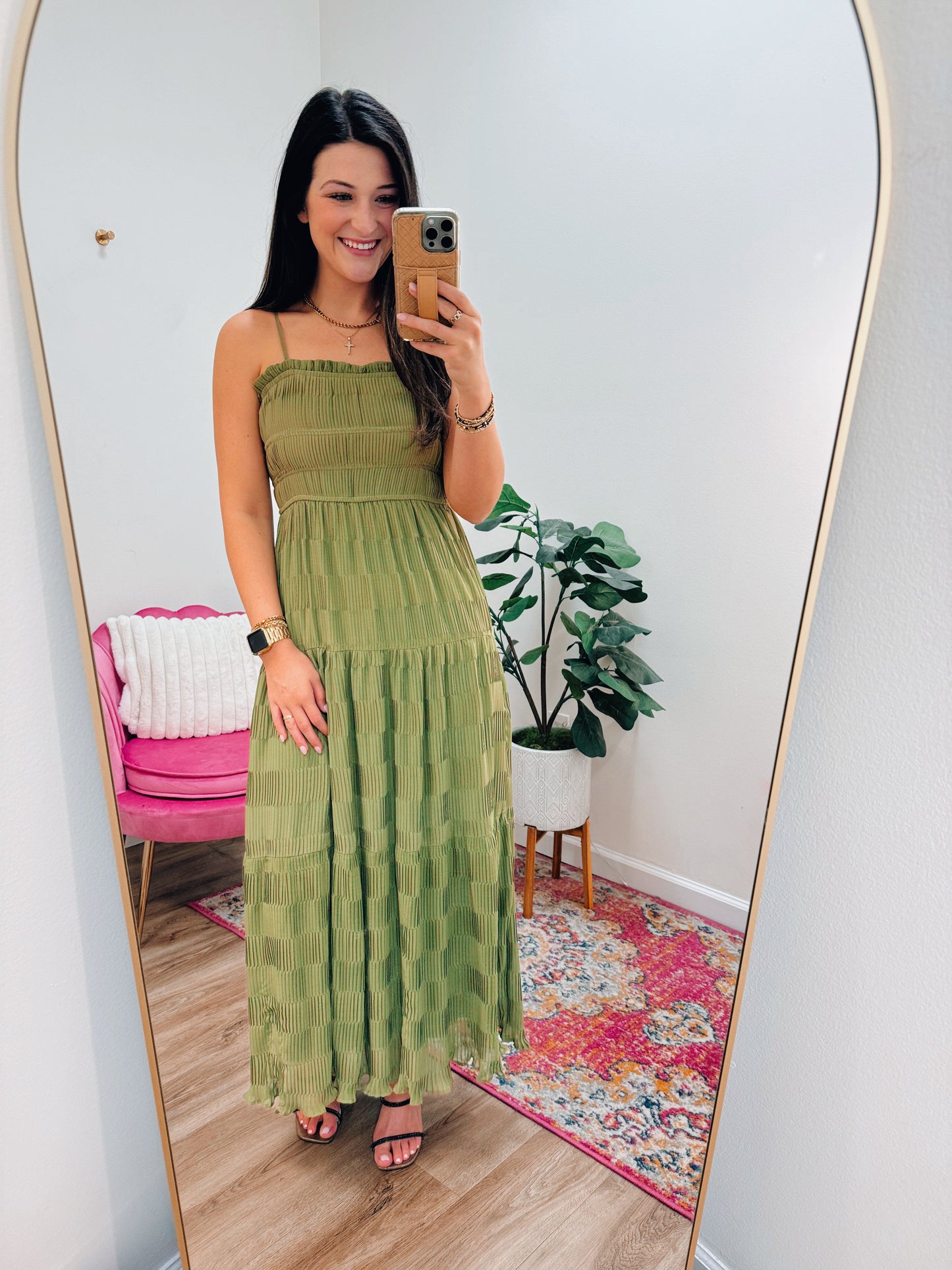 Olive Pleated Midi Dress