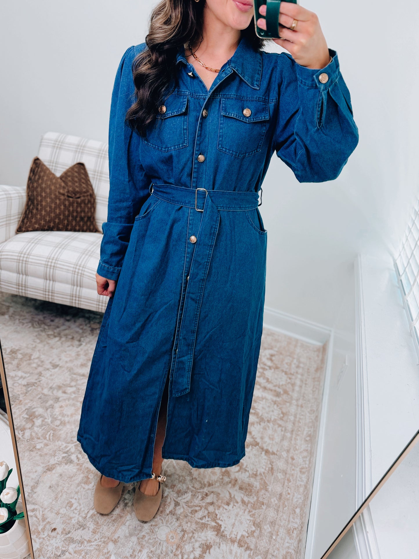Easy Sunday Denim Gold Button Dress