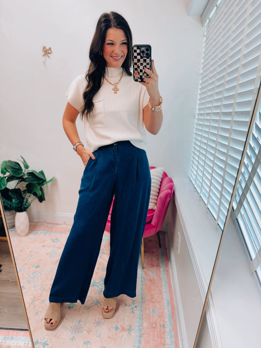 Denim Chambray Pleated Flow Pants