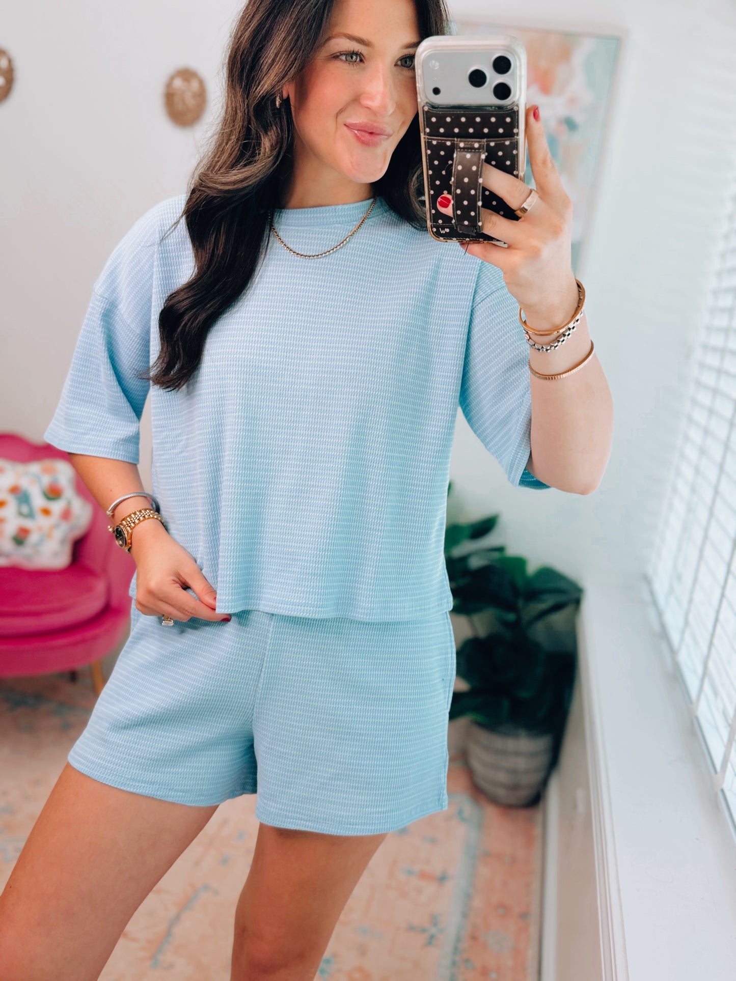 Seafoam Stripe Knit Shorts Set