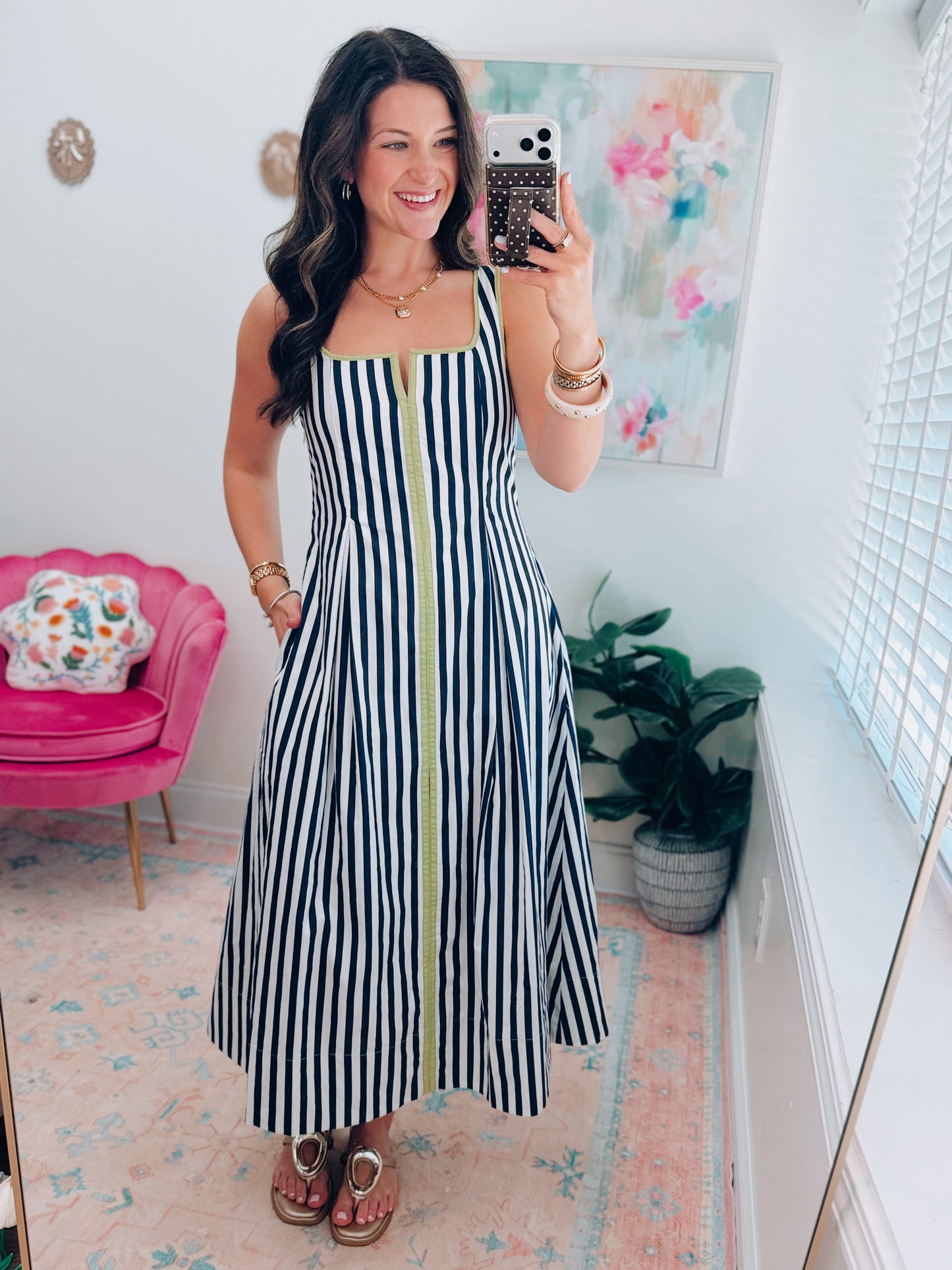 Walker Pleated Stripe Midi Dress