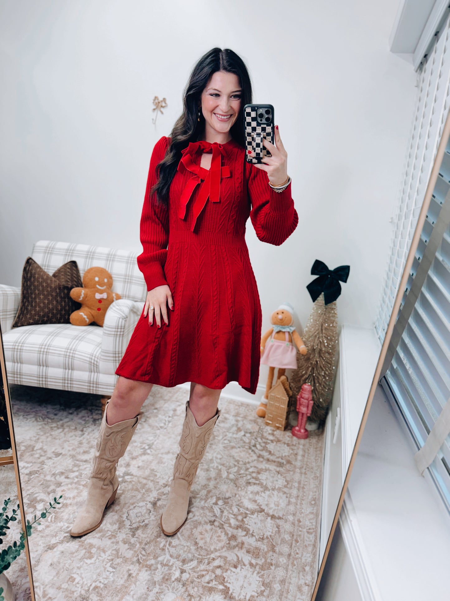 Velvet Bows Cable Mini Sweater Dress