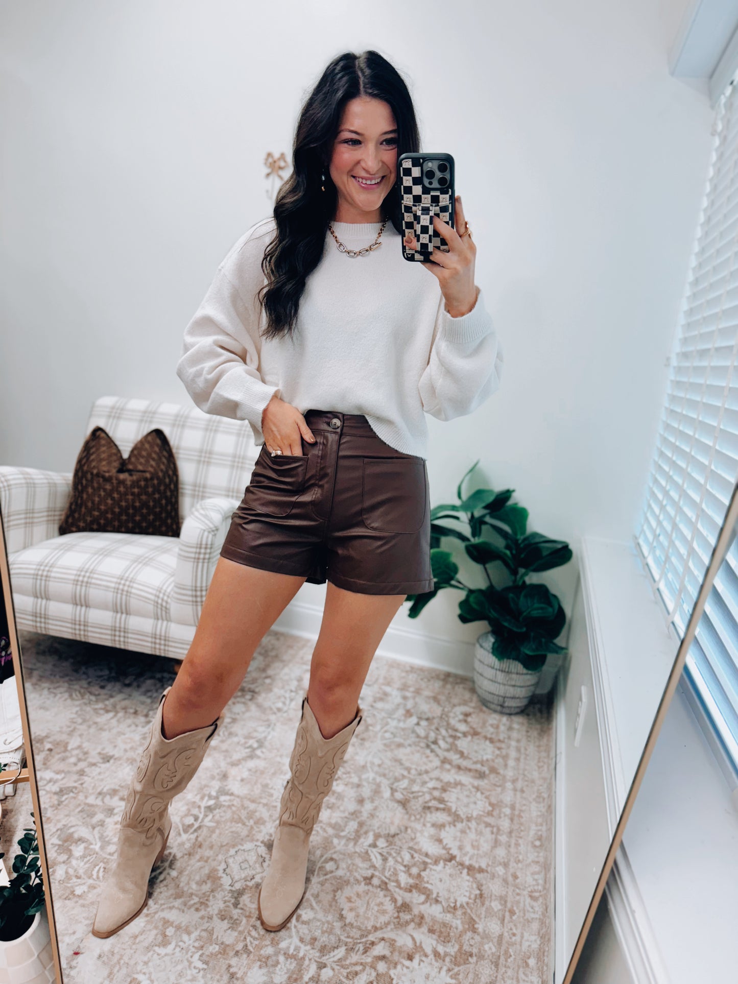 Faux Leather Pocket Shorts - Brown