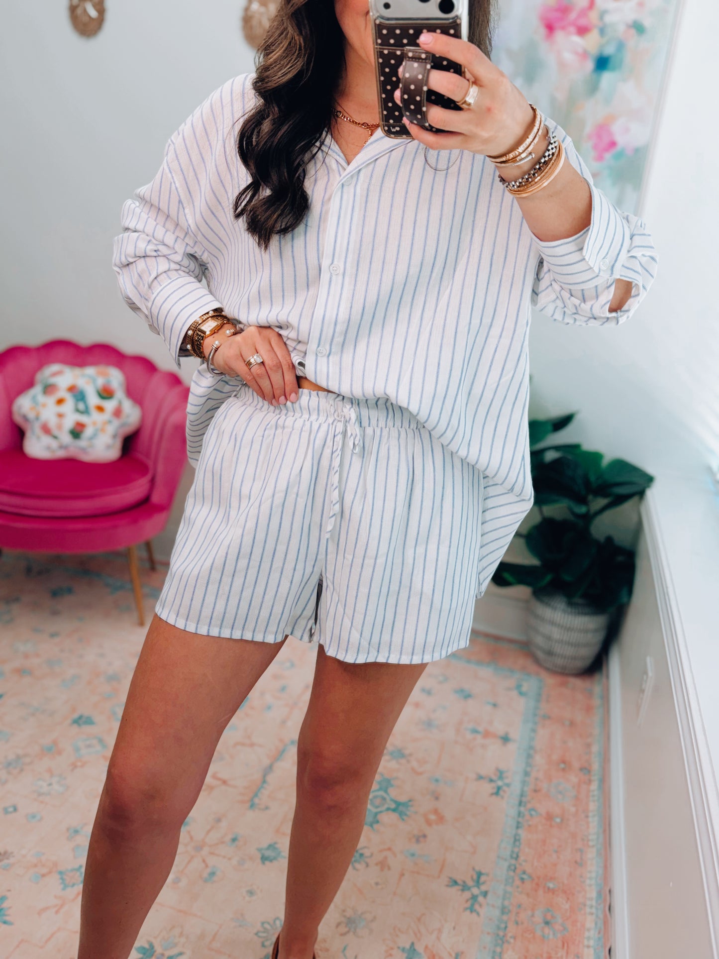 Henley Striped Button Up Shorts Set - Blue