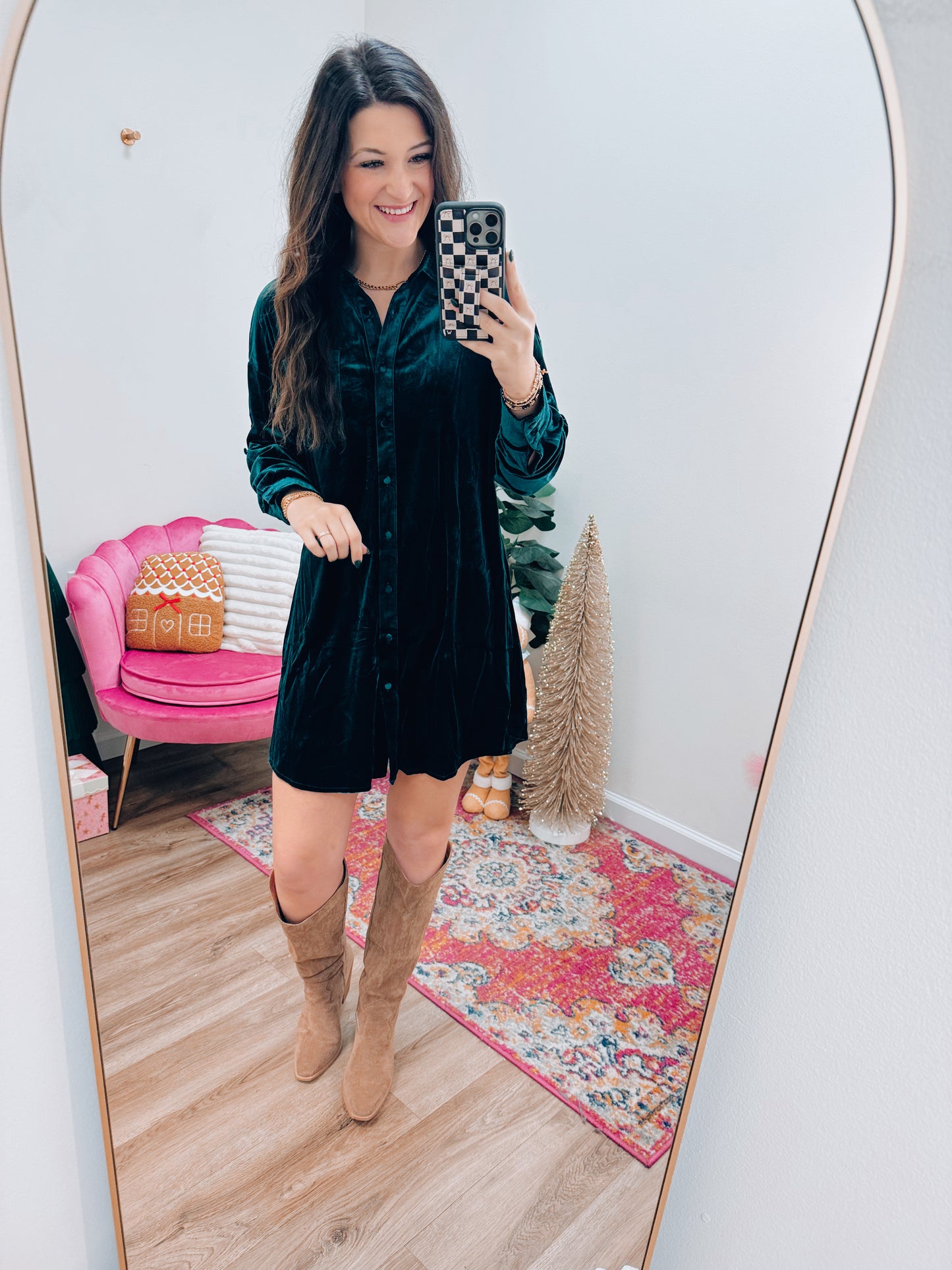 Velvet Forest Button Mini Dress