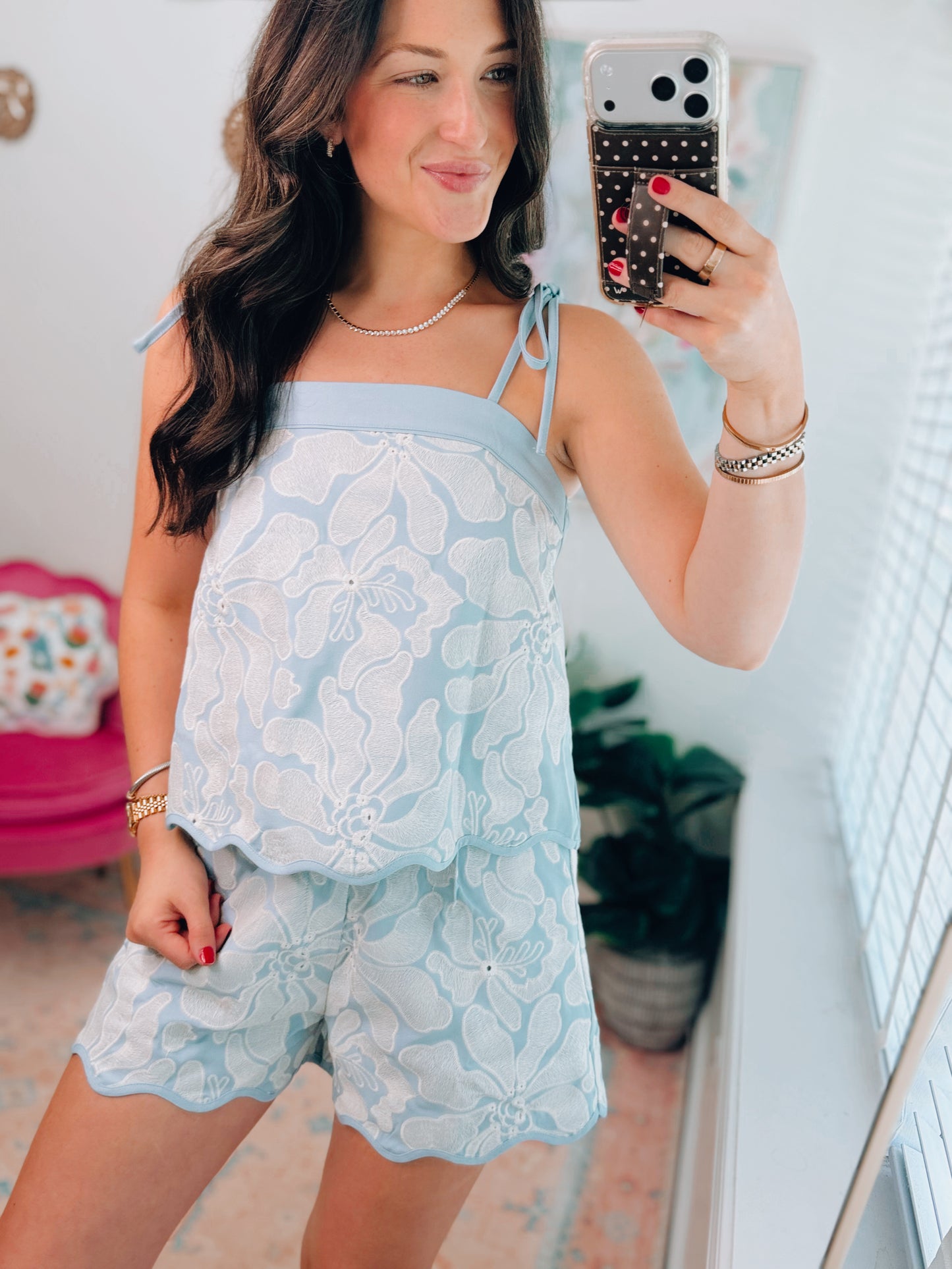 Blue Skies Embroidered Scallop Top
