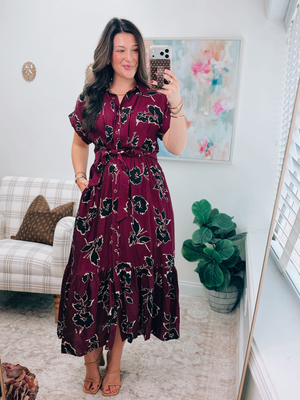 Opal Maroon Mix Tie Midi Dress