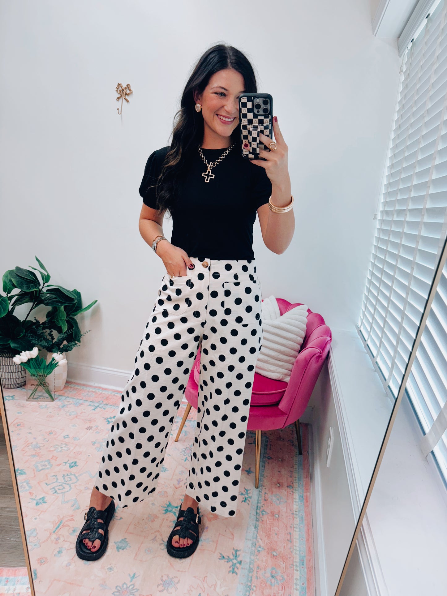 Polka Dot Linen Front Pocket Pants
