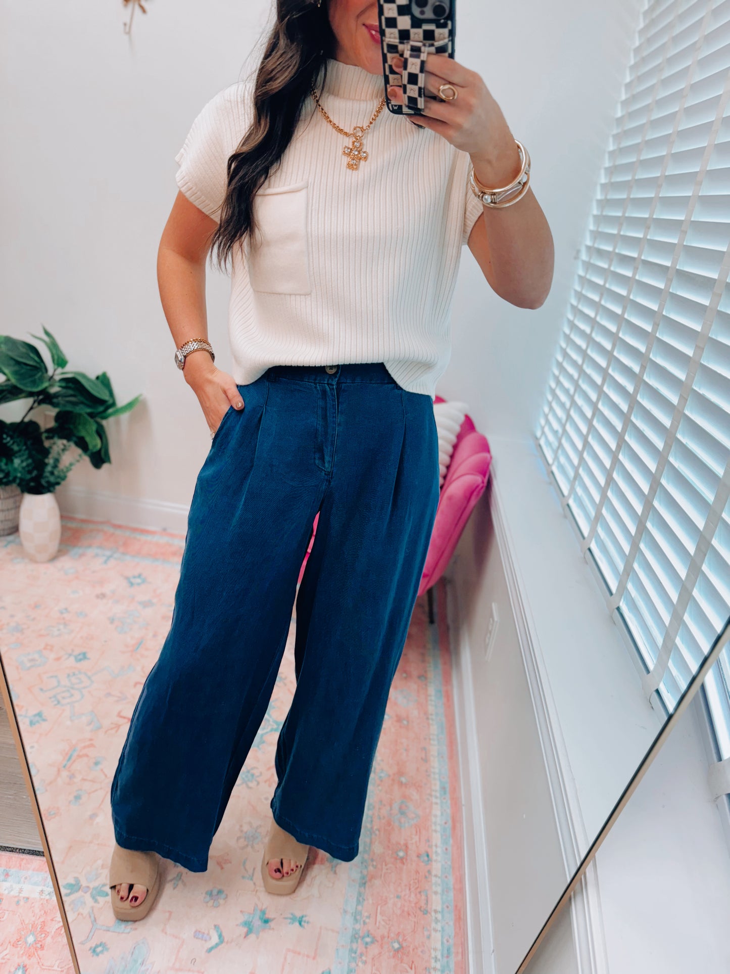 Denim Chambray Pleated Flow Pants