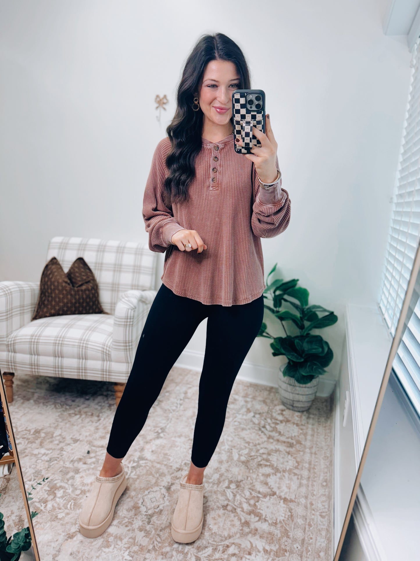 Mineral Washed Henley Waffle Raglan Top