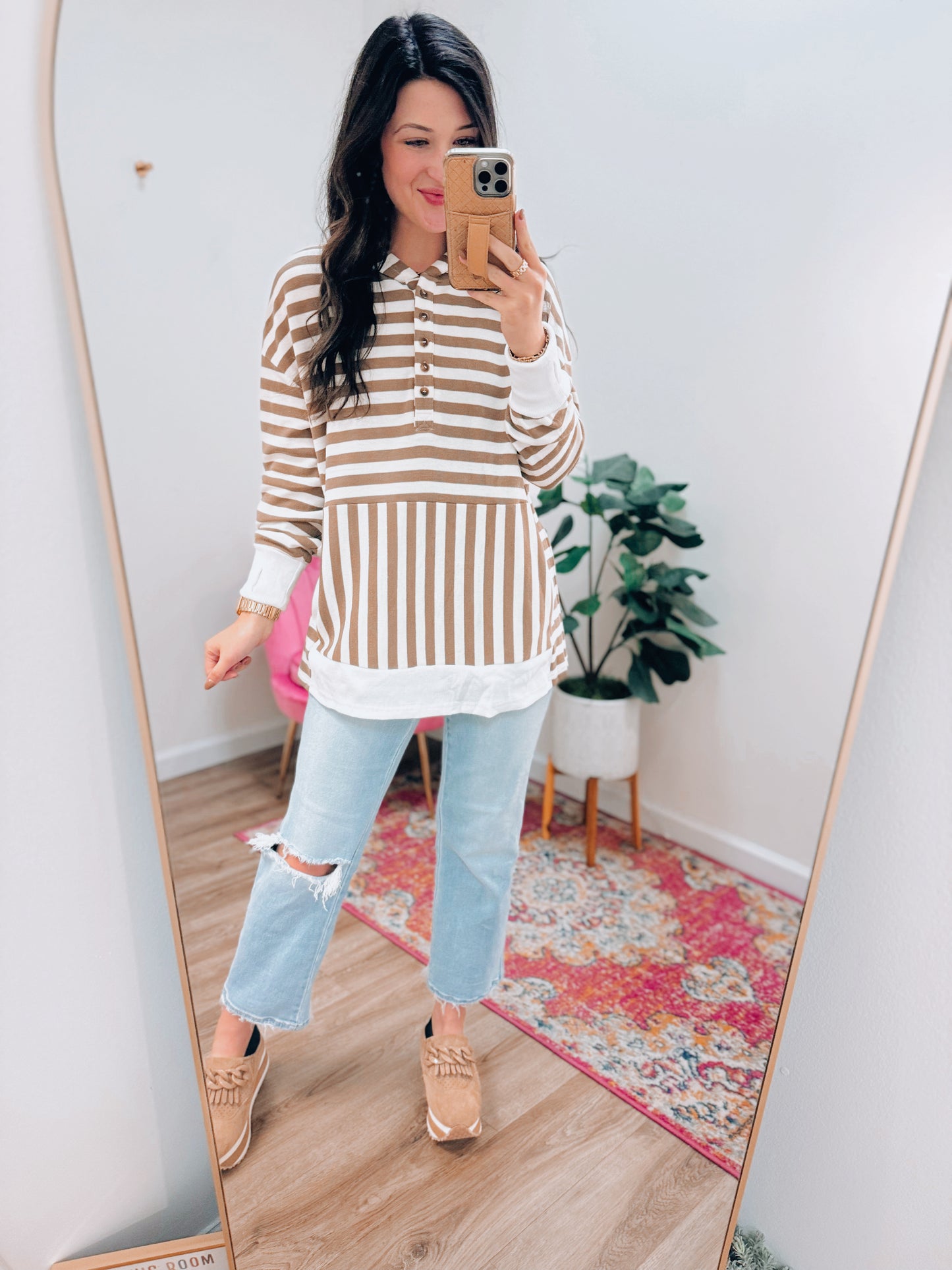 Mocha Striped Button Hooded Pullover