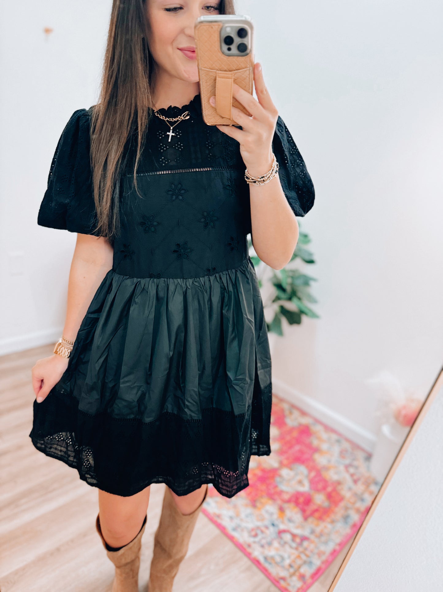 Eyelet Puff Mix Mini Dress - Black