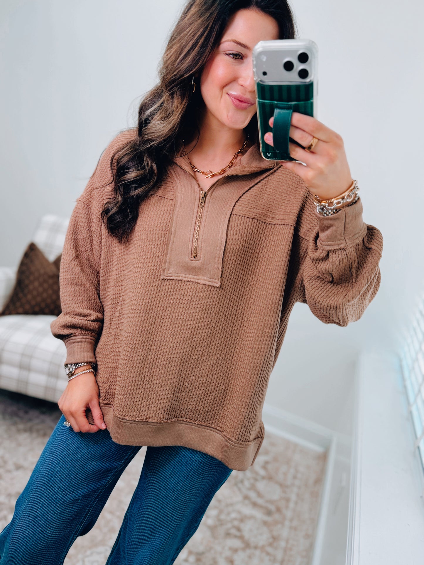 Everyday Layer Zip Patch Top - Mocha