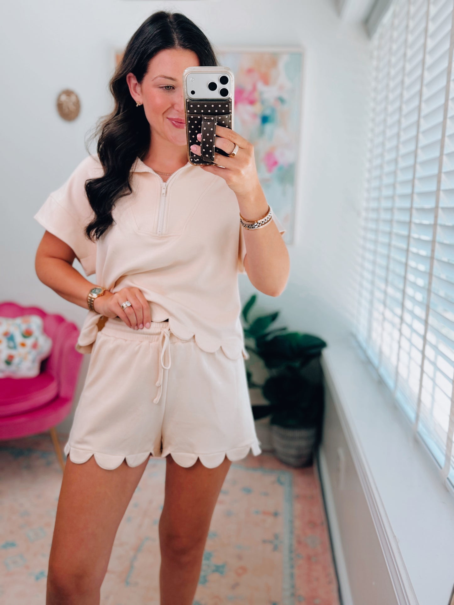 Beige Scalloped Scuba Shorts Set
