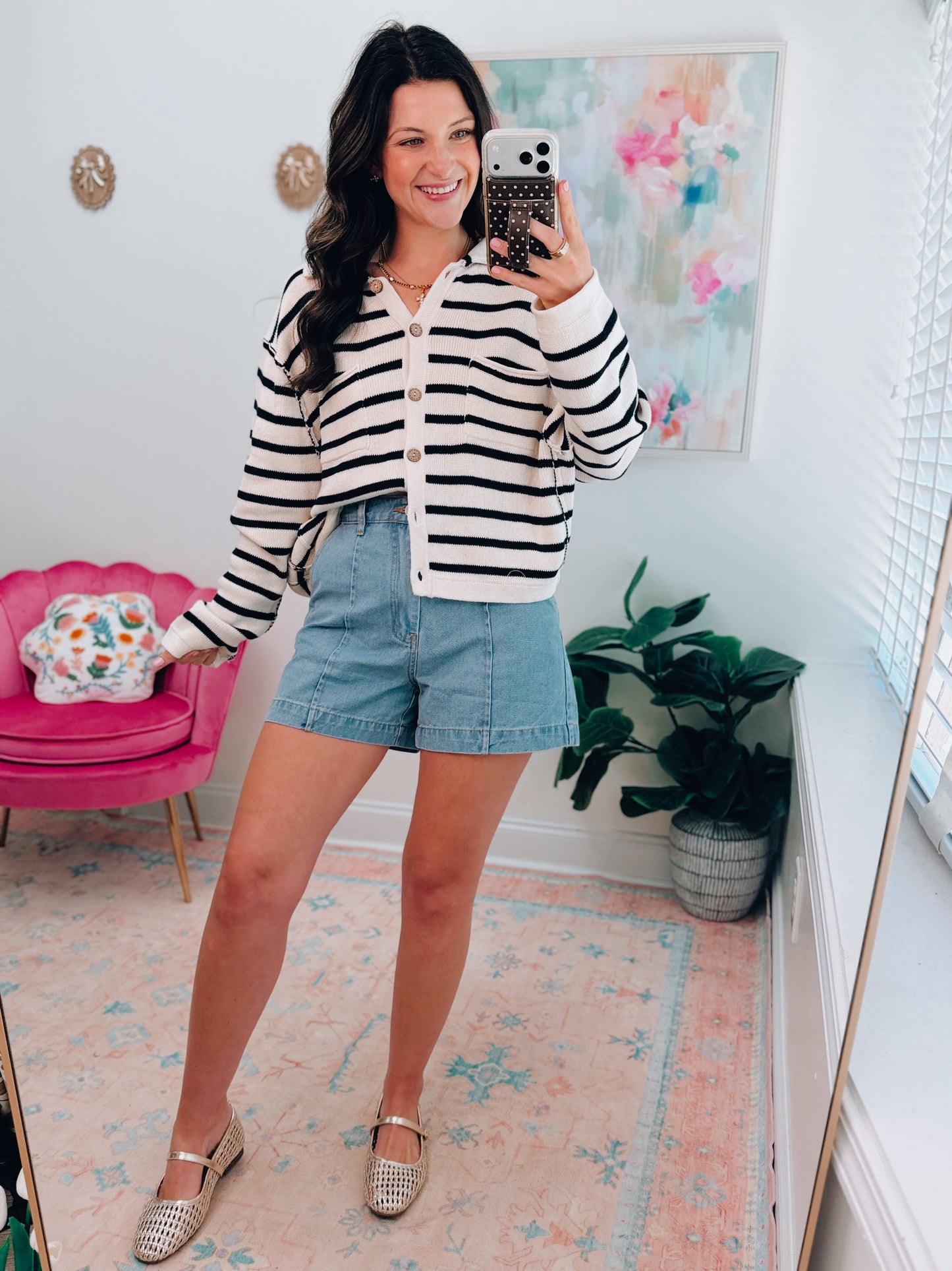 Wood Button Knit Striped Cardigan Top