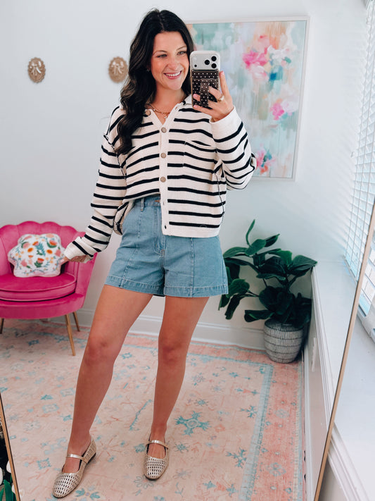 Wood Button Knit Striped Cardigan Top