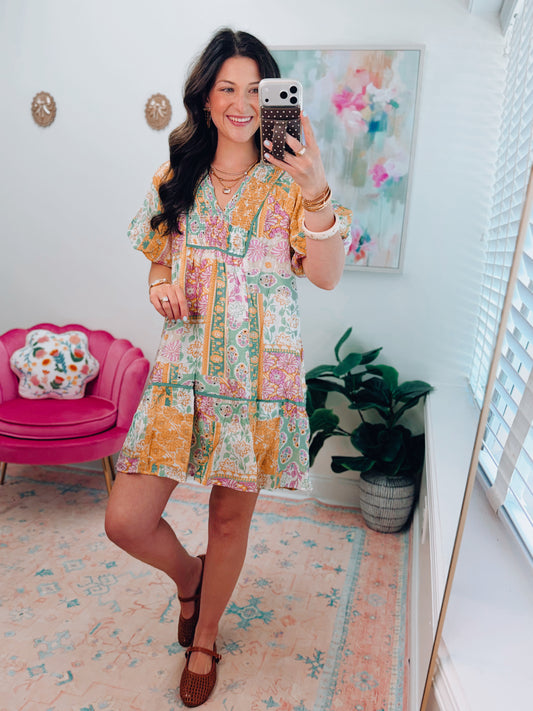 Green Mix Smocked Mini Dress