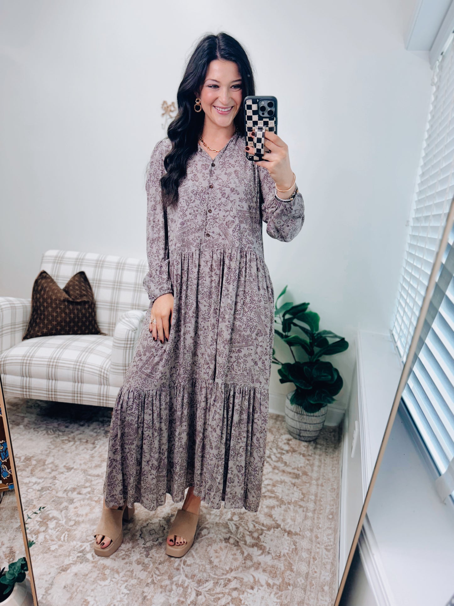 Denae Floral Print Tiered Midi Dress